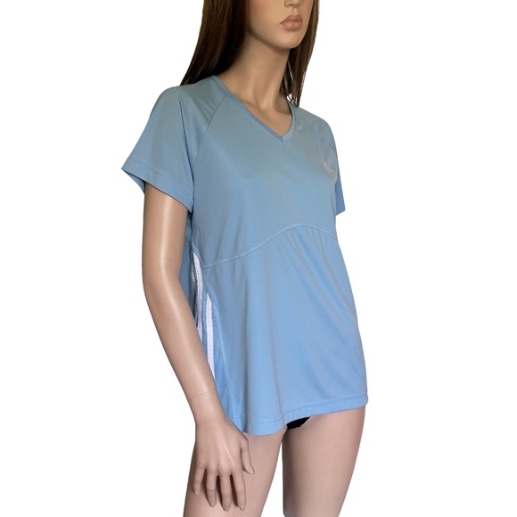 Adidas 3 Stripe Fitness Top Shirt Pullover V-Neck Baby Blue Yoga Gym Active Wear - Picture 3 of 12